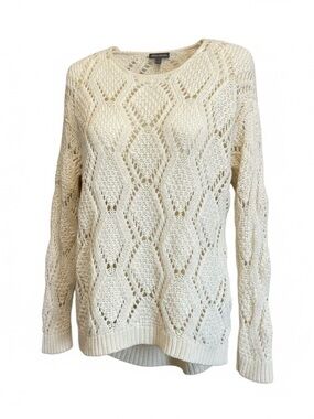 Eddie Bauer Women’s Cream Open Knit Crochet Sweater Long Sleeve Hi Low